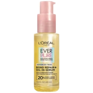 L'Oreal Paris EverPure bond repair oil-in-serum protects damaged, color treated hair from heat while strengthening weak bonds for intense shine and frizz control.