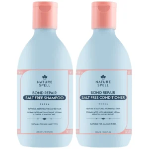 Nature Spell bond repair shampoo and conditioner set, a vegan keratin hair care solution for damaged hair, offering deep cleaning, strengthening, frizz reduction, and improved shine.