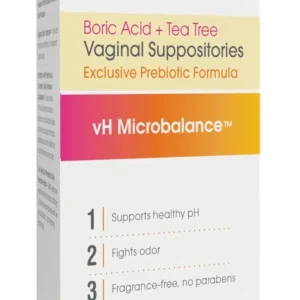 vH essentials boric acid suppositories with tea tree oil and lactic acid help maintain vaginal PH balance and control odor, providing natural feminine care with a reusable applicator.