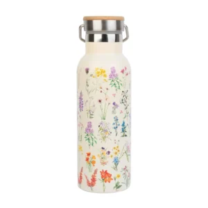 This 17oz stainless steel floral water bottle keeps drinks hot or cold for hours, featuring a leak-proof design and a convenient carrying handle.