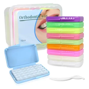 Ten packs of clear orthodontic wax strips for braces and aligners, made from medical-grade paraffin-based wax to prevent irritation and blend in with teeth, stored in a master case.