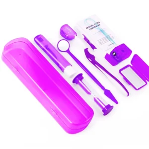 This purple orthodontic braces kit includes a toothbrush, floss, interdental brush, ortho wax, oral mirror and other tools for cleaning teeth with braces while at home or traveling.