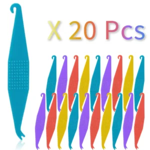 This image shows a 20 pack of multi-colored disposable dental elastic rubber band placers used to easily fit and remove elastic bands on braces, featuring a hook and pusher design for orthodontic use.