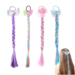 Four colorful braided hair extensions with rubber bands, perfect for girls' crazy hair day, parties, or Halloween costumes.