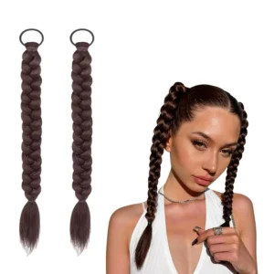 Two 45cm long black braided ponytail extensions with elastic bands are displayed, perfect for adding volume and style for daily wear or parties.