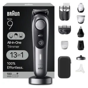 The Braun all-in-one style kit series 9 is a versatile 13-in-1 trimmer for grooming beard, body, and hair, featuring precision blades, long battery life, and multiple attachments.