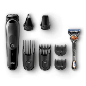 The Braun 8-in-1 MGK5060 multi grooming kit includes a face and beard trimmer, hair clipper, ear and nose trimmer, a detail trimmer attachment, and a Gillette Fusion5 ProGlide razor for versatile grooming.