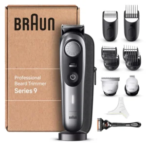 A man uses the Braun BT9440 beard trimmer with 40 settings for precise beard styling and hair clipping, featuring a charging station and travel case.