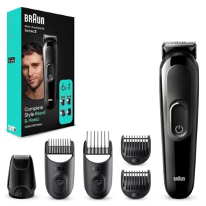 The Braun 6-in-1 grooming kit for men includes a beard trimmer, body groomer, and hair trimmer with various comb attachments, offering 50 minutes of cordless use for effortless beard and hair styling at home.