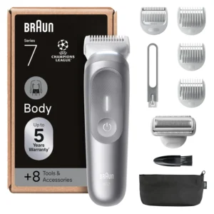 The Braun Body Groomer Series 7 offers a gentle and safe trim and shave for men, featuring Smartlight and SkinGuard technology for ultimate skin comfort in sensitive areas.