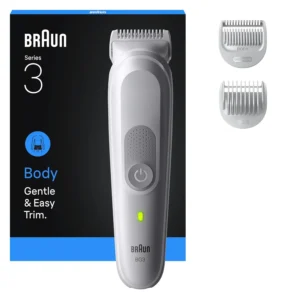 Grey Braun Bodygroomer Series 3 with attachments for safe and gentle trimming, offering skin protection and an 80-minute battery life.