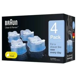 Four Braun Clean & Renew refill cartridges clean, lubricate, and refresh your shaver with a lemon scent, extending its life and improving performance.