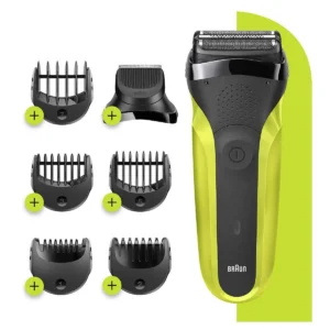 The Braun 3-in-1 electric shaver and beard trimmer in black and green provides a clean shave, precise trim, and comfortable skin contact.