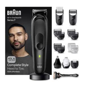 Braun MGK7490 multi grooming kit with 17 tools for head-to-toe grooming of beard, body, and hair, featuring AutoSense technology and long-lasting battery.