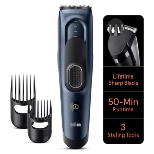 The Braun HC5350 hair clipper offers 17 length settings, ultra-sharp blades, and a washable design for effortless at-home hair cutting.