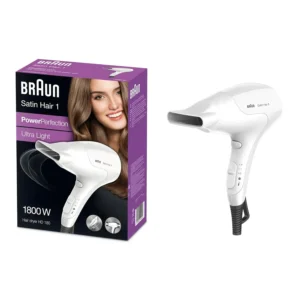 This is a lightweight, white Braun hair dryer with a styline nozzle, designed for fast and efficient hair drying with adjustable heat settings and a cold shot feature.