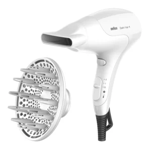 The Braun Satin Hair 3 PowerPerfection hairdryer with ionic function boosts shine and combats frizz, featuring a styling nozzle and multiple heat and airflow settings.