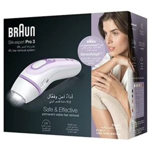 The Braun Silk·Expert Pro 3 IPL device offers permanent hair reduction with skin safe technology, a smart SensoAdapt skin sensor, and fast treatment for legs in just 9 minutes.