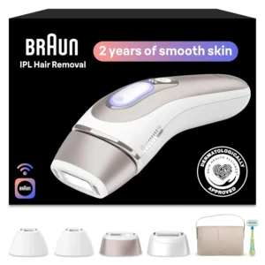 Braun IPL Skin i·expert provides at-home laser hair removal with a free app, vanity case, Venus razor, and four smart heads for safe, gentle, and effective full body treatment.