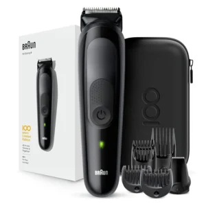 The Braun Multi Grooming Kit 100 Years Design Edition is a 6-in-1 men's beard and hair trimmer with lifetime sharp blades, multiple combs, and a travel case.