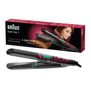 The Braun Satin Hair 7 ST750 straightener with IONTEC and NanoGlide ceramic plates protects colored hair and adds shine.