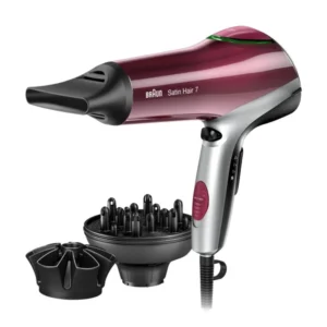 The Braun Satin Hair 7 HD 770 dryer uses iontec technology to protect and enhance colored hair while providing professional styling with included nozzles.