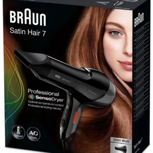 Black Braun Satin Hair 7 HD780 SensoDryer, a professional hair dryer that actively adapts the temperature.