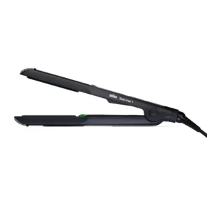 The BRAUN Satin Hair 7 Straightener with Iontec technology protects hair with ceramic plates and intelligent heat adjustment from 130°C to 200°C for healthy styling.