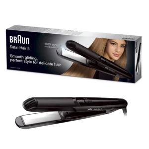 Black Braun Satin Hair 5 St510 straightener with ceramic Eloxal plates for smooth gliding and multiple temperature settings.