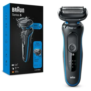 Blue Braun Series 5 electric shaver with flexible blades for a close, comfortable wet or dry shave, featuring EasyClean and AutoSense technology.