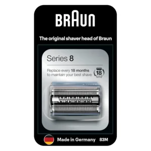 Silver replacement shaver head 83M for Braun Series 8 electric razors, featuring four synchronized shaving elements for a close and gentle shave, easily clicked on for simple replacement, and made in Germany.