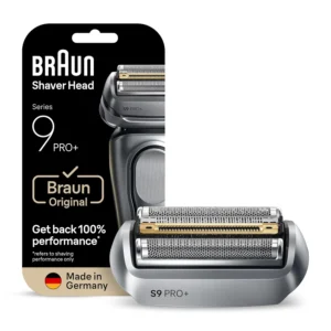 A close-up of the Braun Series 9 PRO+ replacement shaver head, showcasing its five synchronized shaving elements and ultra-thin precision blades for a close and comfortable shave.