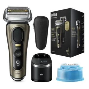 The Braun Series 9 Pro+ electric shaver in gold, featuring a precision trimmer and charging in its SmartCare cleaning center, promises a close, comfortable shave for any beard length.