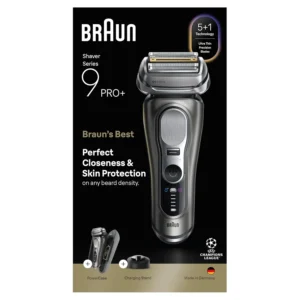 Close-up of the Braun Series 9 PRO+ electric shaver featuring 5+1 ultra-thin precision blades, Pro SensoAdapt technology, and a graphite finish, designed for a perfectly close and comfortable wet or dry shave.