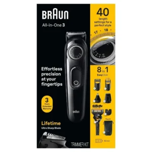 The Braun Series 3 3470 all-in-one trimmer offers ultimate precision with 40 length settings and includes attachments for beard trimming, hair clipping, and ear and nose trimming, all easily stored in the provided pouch.
