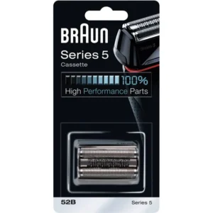 A black Braun 52B replacement shaver head for Series 5 electric razors, ensuring 100% performance and a close shave.