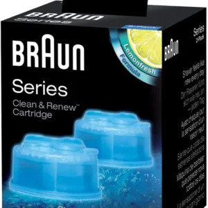 A two-pack of Braun shaver cleaner refill cartridges that hygienically clean and lubricate shaver blades for a fresh, smooth shave.