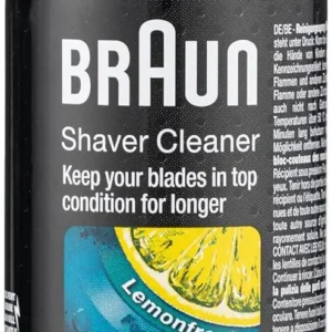 Braun shaver cleaner aerosol spray cleans, lubricates, and disinfects shaver cutters to maintain peak performance and hygiene.