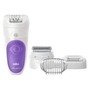 The Braun Silk-épil 5 5-541 cordless epilator for women, featuring wet and dry operation and four attachments including shaver and trimmer heads.