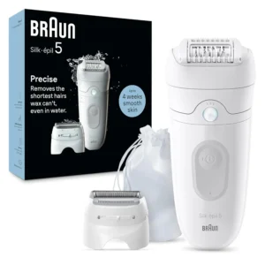 The Braun Silk-épil 5 epilator provides up to one month of smooth skin and includes a shaver head, trimmer comb, skin contact cap, cleaning brush, and pouch for gentle wet or dry hair removal that catches hairs wax can't.