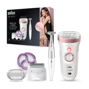 The Braun Silk-Epil 9 SensoSmart epilator removes more hair with less pressure, featuring exfoliation brushes, shaver, trimmer, and bikini trimmer attachments for use in the bath or shower.