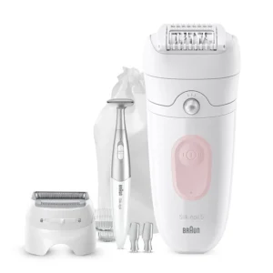 The Braun Silk-épil 5 wet & dry epilator provides up to 1 month of smooth skin and includes a bikini trimmer and shaver head for comfortable hair removal.