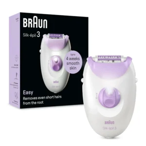 The Braun Silk-épil 3 SE 3-000 epilator provides long-lasting smooth skin by removing even short hairs from the root with 20 MicroGrip tweezers, featuring a massage roller and smart light for comfortable and efficient corded hair removal.