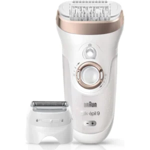 Braun Silk-épil 9 cordless epilator for women, featuring wet and dry use, close-grip technology, and six extras including shaver and trimmer, designed for use with UK bathroom sockets.