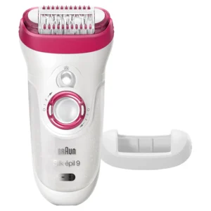 The Braun Silk-epil 9 9-538 epilator is shown with three extra attachments, including a high frequency massage cap, a skin contact cap, and a facial epilator for gentle and precise hair removal that lasts up to 4 weeks.