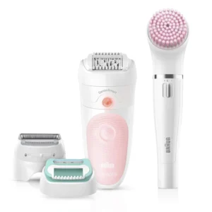 The Braun Silk-épil 5 4-in-1 epilator beauty set gently removes hair from face and body, with shaver, trimmer and facial brush attachments, for long-lasting smooth skin and virtually painless epilation with regular use, even in the bath or shower.