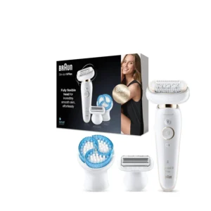 The Braun Silk-Epil 9 Flex epilator with a fully flexible head and shaver attachments removes even the finest hairs for long-lasting smoothness in or out of the shower.
