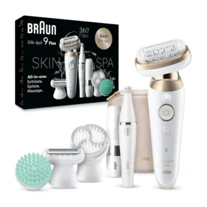 The Braun Silk-épil 9 Flex epilator provides up to 1 month of smooth skin with its fully flexible head and 12 extras for head-to-toe care, including a FaceSpa facial epilator.
