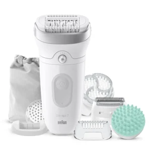 Achieve long-lasting smooth skin with the Braun Silk-épil 7 SkinSpa epilator, featuring multiple attachments for exfoliation, shaving, and massage, offering a complete head-to-toe hair removal and skincare solution.