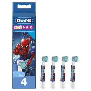 A pack of BRAUN Spiderman replacement brush heads, compatible with Oral-B electric toothbrushes, featuring colorful Spiderman designs.